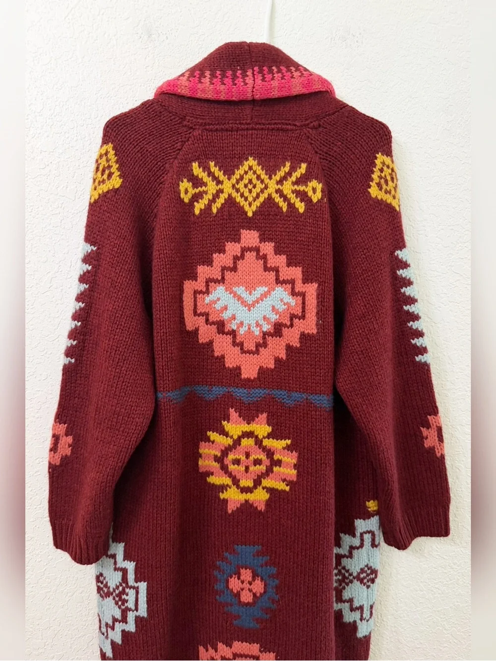 Rare Sundance Tayen Sweater Coat Cozy Burgundy Boho Patterned Size LP